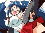  1girl 90s blue_eyes blue_hair breasts choroli_(chorolin) cowboy_shot gun hair_ribbon isuzu_(kantai_collection) kantai_collection large_breasts long_hair looking_at_viewer neckerchief one_eye_closed open_mouth parody pleated_skirt red_skirt remodel_(kantai_collection) ribbon shirt signature simple_background skirt sleeveless sleeveless_shirt solo style_parody twintails weapon white_background white_ribbon white_shirt 