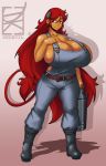  absurd_res anthro belt big_breasts boots bovid bovine breasts carrying cattle clothing dkdevil female footwear hi_res horn humanoid mammal pants plantigrade_anthro smile solo 