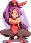  1girl animal_ears blue_eyes bow bowtie breasts brown_legwear bunny_ears bunny_girl bunnysuit cleavage commentary_request dark_skin detached_collar gokuu_(acoloredpencil) high_heels highres leotard long_hair looking_at_viewer medium_breasts pantyhose pointy_ears ponytail purple_background purple_hair red_footwear red_leotard red_neckwear shantae_(character) shantae_(series) smile solo squatting strapless strapless_leotard two-tone_background very_long_hair white_background 