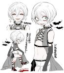  1girl ano5102 bags_under_eyes bat blood eyes_closed fangs female flat_chest high_heels highres midriff navel open_mouth original pale_skin ribs short_hair short_shorts shorts skinny smile solo translation_request vampire white_hair 