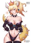 1girl absurdres anger_vein artist_name black_gloves black_legwear black_panties blonde_hair blue_earrings blue_eyes bowsette bracelet breasts cleavage collar collarbone cowboy_shot crop_top crown dress earrings elbow_gloves fang_out gloves highres horns jewelry large_breasts looking_at_viewer midriff navel nintendo no_pants panties panty_pull patreon_logo pink_lips pointy_ears ponytail simple_background solo speech_bubble spiked_armlet spiked_bracelet spiked_collar spiked_tail spikes spoken_anger_vein strapless strapless_dress super_crown tail thighhighs underwear white_background xili_fish 
