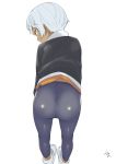  1girl ass blue_hair dark_skin female from_behind jacket looking_back original pantyhose satsuyo shiny short_hair simple_background solo tomboy white_background 