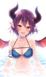  1girl :d bangs bare_shoulders bikini blue_bikini blush breasts choker cleavage commentary_request dragon_girl dragon_horns dragon_wings eyebrows_visible_through_hair granblue_fantasy grea_(shingeki_no_bahamut) hair_between_eyes head_tilt highres horns large_breasts looking_at_viewer manaria_friends navel open_mouth partially_submerged pointy_ears purple_hair red_eyes red_wings round_teeth shingeki_no_bahamut short_hair smile solo swimsuit teeth tomo_(user_hes4085) upper_teeth water wet wet_hair white_background white_choker wings 