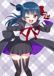 ;d argyle argyle_background bangs bb_(fate)_(all) bb_(fate/extra_ccc) bb_(fate/extra_ccc)_(cosplay) bb_(swimsuit_mooncancer)_(fate) black_feathers black_jacket black_skirt blue_hair cosplay deadnooodles fate/grand_order fate_(series) feathers gloves hair_feathers hair_ribbon hand_on_hip highres jacket long_hair long_sleeves love_live! love_live!_sunshine!! neck_ribbon one_eye_closed open_mouth outline purple_eyes red_neckwear red_ribbon ribbon shirt side_bun skirt smile thighhighs tsushima_yoshiko v-shaped_eyebrows white_gloves white_outline white_shirt 