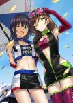  2girls :o ;d arm_up armpits bangs black_hair blue_choker blue_eyes blue_sky breasts brown_hair car center_opening choker cleavage clothes_writing collarbone commentary_request confetti cowboy_shot cropped_jacket day elbow_gloves english_text eyebrows_visible_through_hair eyewear_on_head from_below gloves green_eyes ground_vehicle hair_between_eyes highres holding holding_umbrella jacket long_hair looking_at_viewer looking_down medium_breasts midriff miniskirt motion_blur motor_vehicle multicolored multicolored_clothes multicolored_skirt multiple_girls navel one_eye_closed open_clothes open_jacket open_mouth original outdoors pink-tinted_eyewear pink_legwear purple_gloves race_queen short_hair skirt sky small_breasts smile somechime_(sometime1209) stomach strapless sunglasses tareme thighhighs tubetop umbrella white-framed_eyewear white_jacket 