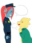  alphys anglejoyce blue_skin blush buckteeth delta_rune deltarune dialogue duo fangs female fish hair happy hi_res long_hair mammal marine police red_hair reptile scalie size_difference smile teeth undertale undyne video_games yellow_skin 