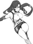  1girl armpits asu_(asoras) belt boots breasts cleavage crop_top earrings final_fantasy final_fantasy_vii gloves greyscale jewelry large_breasts lips long_hair looking_at_viewer midriff monochrome overall_shorts short_shorts shorts simple_background sketch solo straight_hair tank_top tifa_lockhart white_background 