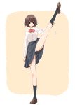  1girl black_legwear brown_eyes brown_hair flexible full_body highres kneehighs leg_up loafers matsuda_hikari messy_hair original panties panty_peek school_uniform shoes short_hair simple_background solo standing standing_on_one_leg underwear white_panties 