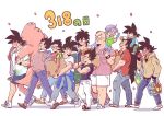  6+boys alternate_costume apple bag bandanna bardock black_eyes black_hair broly_(dragon_ball_super) brothers carrying carrying_bag carrying_over_shoulder clothes_around_waist commentary_request crossed_arms dark_skin dated denim dragon_ball dragon_ball_super_broly dragonball_z eating father_and_son food fruit full_body grandfather_and_grandson jacket_around_waist jeans king_vegeta long_hair minion_(1103_3) multiple_boys nappa number pants petals pig profile raditz sandals scar shadow shoes short_hair shorts siblings simple_background sneakers son_gohan son_gokuu son_goten spiked_hair trunks_(dragon_ball) tullece uncle_and_nephew vegeta very_long_hair walking white_background 