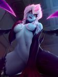  1girl blue_skin breasts claws darkness dated evelynn eyelashes facial_mark fiery_hair finger_to_mouth from_below georgy_stacker hair_over_breasts highres implied_sex league_of_legends lipstick looking_at_viewer makeup medium_breasts multicolored_hair naughty_face navel nipples nose nude purple_lips sidelocks signature slit_pupils smile tentacle white_hair yellow_eyes 