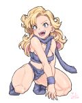  1girl 2018 :d ayla_(chrono_trigger) bandeau bare_shoulders blonde_hair blue_eyes blush breasts chrono_trigger cleavage eyebrows_visible_through_hair fingernails full_body grey_footwear grey_panties hair_intakes hori_shin looking_at_viewer medium_breasts navel open_mouth panties signature simple_background smile socks solo squatting teeth thighs underwear uvula v-shaped_eyebrows v_arms wavy_hair white_background wristband 
