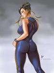  1girl alternate_costume arion69 ass bare_shoulders blush bracelet butt_crack capcom chun-li double_bun hair_ribbon jewelry pinup ribbon solo street_fighter street_fighter_zero_(series) 