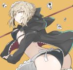  1girl absurdres apron artoria_pendragon_(all) artoria_pendragon_(swimsuit_rider_alter) ass back bikini black_bikini black_bow black_jacket black_ribbon blonde_hair bow braid breasts broom choker closed_mouth eyebrows_visible_through_hair fate/grand_order fate_(series) flat_color french_braid frilled_apron frills gin_moku hair_bun hair_ribbon highres holding holding_broom jacket long_sleeves looking_at_viewer looking_back maid maid_bikini maid_headdress medium_breasts open_clothes open_jacket pale_skin ribbon short_hair simple_background solo standing swimsuit tied_hair underwear v-shaped_eyebrows waist_apron water water_drop white_apron wind wind_lift yellow_background yellow_eyes 