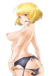  1girl absurdres ahoge areolae ass back bangs black_panties blonde_hair breasts clementine_(overlord) evil_smile eyebrows_visible_through_hair garter_belt highres large_breasts looking_at_viewer looking_back mouth_hold nipples overlord_(maruyama) panties panty_pull parted_lips pink_lips puffy_nipples red_eyes short_hair simple_background slit_pupils smile soi solo teeth topless underwear underwear_only undressing white_background 