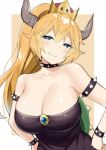  1girl bangs bare_shoulders black_collar black_dress blonde_hair bowsette bracelet breasts cleavage collar crown dress eyebrows_visible_through_hair eyes_visible_through_hair hair_between_eyes half-closed_eyes hands_on_hips horns huge_breasts jewelry looking_at_viewer mario_(series) new_super_mario_bros._u_deluxe nintendo ponytail sidelocks sky_(freedom) smile solo spiked_armlet spiked_bracelet spiked_collar spiked_shell spikes strapless strapless_dress super_crown turtle_shell upper_body 