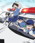  4girls armband artist_name black_eyes black_hair blue_hat breasts brown_eyes brown_hair car clenched_hand collared_shirt crossover driving expressionless glaring gloves ground_vehicle hat indesign kobayakawa_miyuki long_hair medium_breasts meitantei_conan miike_naeko miniskirt miyamoto_yumi motion_lines motor_vehicle multiple_girls open_mouth police police_car police_hat police_uniform shirt short_sleeves shouting skirt small_breasts straight_hair sweatdrop tsujimoto_natsumi tsurime twintails twitter_username uniform walkie-talkie white_gloves you&#039;re_under_arrest 