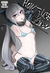 1boy 1girl armpits bikini black_gloves black_legwear blue_bikini blue_stripes blush bow breast_grab breasts chains character_name chemise collar comic commentary_request cover elbow_gloves fake_cover girls_frontline gloves grabbing gradient gradient_background grey_background grey_hair gun hair_bow hand_on_another&#039;s_ass handgun highres kongthegrain leaning_back long_hair looking_at_viewer micro_bikini navel red_eyes sitting small_breasts spreader_bar striped striped_legwear swimsuit tears thighhighs title tokarev_(girls_frontline) tokarev_tt-33 tongue tongue_out vertical-striped_gloves vertical-striped_legwear vertical_stripes very_long_hair weapon 