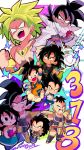  1girl 6+boys :d :o armor bardock black_eyes black_hair broly broly_(dragon_ball_super) brothers chibi commentary_request couple dark_skin dragon_ball dragon_ball_super_broly dragonball_z dual_persona father_and_son flying_nimbus full_body gine green_hair grin hetero highres mother_and_son motunabe707070 multiple_boys nappa no_pupils number open_mouth raditz scar short_hair siblings smile son_gokuu star tail teeth time_paradox tullece twitter_username vegeta 
