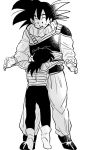  2boys :d aida_kaiko armor black_hair boots dragon_ball dragonball_z facing_away father_and_son fingernails full_body happy height_difference highres hug looking_down male_focus monochrome multiple_boys open_mouth parted_lips short_hair simple_background smile son_gohan son_gokuu standing white_background 
