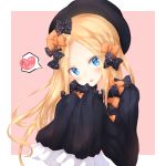  1girl abigail_williams_(fate/grand_order) bangs black_bow black_dress black_hat blonde_hair blue_eyes blush bow dress eyebrows_visible_through_hair fate/grand_order fate_(series) forehead hair_bow hands_up hat head_tilt heart highres long_hair long_sleeves numpopo open_mouth orange_bow parted_bangs pink_background polka_dot polka_dot_bow round_teeth sleeves_past_fingers sleeves_past_wrists solo spoken_heart teeth two-tone_background upper_body upper_teeth very_long_hair white_background 