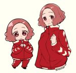  1girl alternate_costume blush brown_eyes brown_hair chibi commentary_request do_m_kaeru dual_persona okumura_haru persona persona_5 short_hair smile solo track_suit twitter_username 