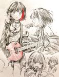  /\/\/\ 1girl :d bang_dream! bangs blush bob_cut breath chain_necklace choker electric_guitar guitar haru_hina highres holding holding_microphone hood hood_down hooded_jacket instrument jacket jewelry long_sleeves microphone mitake_ran multicolored_hair multiple_views music o_o off_shoulder open_mouth paint_stains pants pendant playing_instrument red_hair short_hair shoulder_tattoo smile spot_color streaked_hair sweat sweatdrop tattoo traditional_media v-shaped_eyebrows 