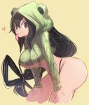  1girl ass asui_tsuyu black_eyes black_hair boku_no_hero_academia breasts frog_hood highres hip_focus hood hoodie huge_ass large_breasts long_hair omiza_somi simple_background solo thick_thighs thighs thong tongue tongue_out underboob very_long_hair white_background wide_hips 