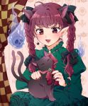  1girl :3 ahoge animal animal_ears animal_on_lap arms_up bangs braid cameo cat_earrings cat_ears commentary curtains dress dual_persona extra_ears eyebrows_visible_through_hair fang fingernails flaming_skull green_dress hair_ribbon juliet_sleeves kaenbyou_rin kaenbyou_rin_(cat) long_hair long_sleeves looking_down maruta_(shummylass) nail_polish neck_ribbon open_mouth petting pointy_ears puffy_sleeves red_eyes red_hair red_nails ribbon sharp_fingernails sitting thick_eyebrows touhou tress_ribbon twin_braids wallpaper_(object) 