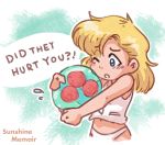  90s blonde_hair blush hug khiuly metroid metroid_(creature) navel nintendo one_eye_closed panties samus_aran sweat tank_top underwear 