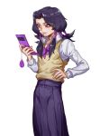  1boy black_hair cellphone cellphone_charm crossdressing flip_phone hand_on_hip hex_tails highres illuso iroha741852963 jojo_no_kimyou_na_bouken long_skirt male_focus phone pleated_skirt purple_eyes skirt solo sweater_vest vento_aureo 