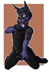  anthro bulge canid canine clothed clothing collar furkinghell girly hi_res kneeling looking_at_viewer male mammal rubber solo tongue tongue_out 