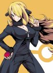  1girl blonde_hair breasts brown_eyes cleavage coat creatures_(company) eyebrows game_freak highres large_breasts long_hair looking_at_viewer matching_hair/eyes nintendo pants pokeball pokemon shirona_(pokemon) simple_background smile solo standing very_long_hair 