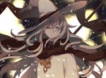  brown_scarf deegoo frown grey_eyes hat long_hair looking_at_viewer miracera_master_of_the_magic_institute outdoors pixiv_fantasia_last_saga scarf staff upper_body white_hair white_robe wind wizard_hat 