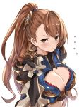  1girl absurdres asymmetrical_bangs bangs beatrix_(granblue_fantasy) blue_armor blush breasts brown_eyes brown_hair cleavage cleavage_cutout closed_mouth gauntlets granblue_fantasy green_eyes hair_ornament highres large_breasts long_hair looking_at_viewer monyu_(monyupop) ponytail scrunchie simple_background solo sweatdrop white_background 