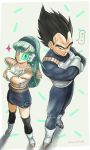  &gt;:) 1boy 1girl alternate_costume aqua_hair armor bangs black_eyes black_hair black_legwear blue_bodysuit blue_eyes blue_hairband blue_skirt blunt_bangs blush bodysuit boots bra_(dragon_ball) capsule_corp closed_mouth collarbone commentary_request crossed_arms dragon_ball dragonball_z father_and_daughter from_above frown full_body gloves grey_background hairband leg_warmers long_hair looking_at_another looking_back morinokinoko_db neck nervous older pencil_skirt saiyan scouter serious shadow shiny shiny_hair short_hair side-by-side simple_background skirt smile sparkle speech_bubble spiked_hair standing sticker sweatdrop tail translation_request twitter_username v v-shaped_eyebrows vegeta white_footwear white_gloves 