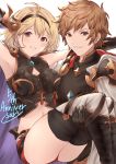  1boy 1girl bangs bare_shoulders blonde_hair blush breasts brown_eyes brown_hair cape crop_top djeeta_(granblue_fantasy) gran_(granblue_fantasy) granblue_fantasy haido_(ryuuno_kanzume) hair_ornament hairband highres looking_at_viewer medium_breasts navel parted_lips short_hair shorts simple_background smile thighhighs thighs white_background 
