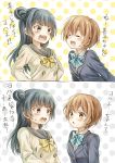  2girls 2koma :3 :d ^_^ bangs blazer blue_hair blue_neckwear blush bow bowtie closed_eyes comic eyes_closed hands_on_hips haru_hina highres hoshizora_rin jacket long_hair love_live! love_live!_school_idol_project love_live!_sunshine!! multiple_girls open_mouth orange_eyes orange_hair otonokizaka_school_uniform polka_dot polka_dot_background purple_eyes school_uniform serafuku short_hair side_bun smile striped striped_neckwear sweatdrop translation_request tsushima_yoshiko uranohoshi_school_uniform yellow_neckwear 