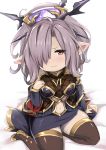  1girl artist_request bangs bare_shoulders black_legwear blush boots breasts feff672166 full_body granblue_fantasy hair_ornament hair_over_one_eye hair_stick harvin highres long_hair long_sleeves looking_at_viewer navel nio_(granblue_fantasy) pointy_ears ponytail purple_eyes purple_hair sitting solo thigh_boots thighhighs 