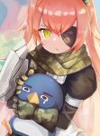  1girl animal animal_hug armor bird camouflage cz2128_delta eyepatch gloves green_eyes green_gloves kuroishi_(pixiv17837171) long_hair long_sleeves looking_at_viewer maid maid_headdress overlord_(maruyama) penguin pink_hair puffy_long_sleeves puffy_sleeves scarf solo tears 