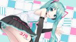  39 2018 aqua_eyes aqua_hair ass bare_shoulders commentary cowboy_shot detached_sleeves hair_ornament hatsune_miku headset leaning_forward long_hair looking_at_viewer necktie panties see-through_sleeves shirt skirt sleeveless sleeveless_shirt smile striped striped_panties tantalum thigh_tattoo thighhighs thighs twintails underwear very_long_hair vocaloid waving 