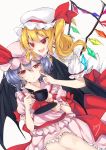  2girls :d :i absurdres arms_up bat_wings blonde_hair blouse cheek_poking crystal cup dutch_angle fang feet_out_of_frame flandre_scarlet hair_between_eyes hat hat_ribbon highres holding holding_cup holding_saucer leaning_on_person legs_together looking_at_another looking_at_viewer mob_cap multiple_girls open_mouth pink_blouse pink_skirt poking puffy_short_sleeves puffy_sleeves red_eyes red_skirt red_vest remilia_scarlet ribbon saucer shirt short_hair short_sleeves siblings side_ponytail simple_background sisters sitting skirt smile solanikieru standing teacup touhou vest white_background white_shirt wings yokozuwari 