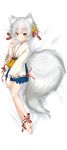  09x absurdres animal_ear_fluff animal_ears ankle_cuffs barefoot bed_sheet bell blush bow dakimakura dot_nose eyebrows_visible_through_hair fox_ears fox_tail from_above full_body hair_between_eyes hair_ornament hair_ribbon highres japanese_clothes jingle_bell kimono looking_at_viewer lying original red_eyes ribbon ribbon-trimmed_sleeves ribbon_trim short_hair silver_hair solo tail 
