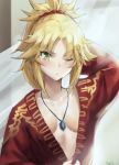  1girl blonde_hair blush breasts cleavage collarbone eyebrow_cut fate/apocrypha fate_(series) frown green_eyes hand_behind_head highres looking_at_viewer mordred_(fate)_(all) necktie one_eye_closed painterly ponytail rating short_hair small_breasts solo tonee 