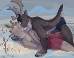  anthro antlers blue_eyes blush briefs brown_fur bulge capreoline cervid cervine clothing frottage fur horn lying male male/male mammal missionary_position mostly_nude on_back outside penis_outline reindeer sex short_tail smile snow underwear vulgarstarling 