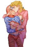  2boys absurdres argyle argyle_sweater biting black_hair blonde_hair blush giorno_giovanna groping guido_mista hat highres iroha741852963 jojo_no_kimyou_na_bouken male_focus midriff multiple_boys nose_bite shirt_lift sweater turtleneck turtleneck_sweater vento_aureo yaoi 