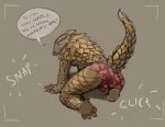  all_fours anthro blush bulge butt camera_view clothing dialogue kneeling looking_back male mammal pangolin raised_tail scales smile solo underwear vulgarstarling 