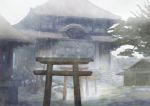  absurdres bare_tree building cloud cloudy_sky highres no_humans original outdoors overcast scenery shaka_(staito0515) shrine sky stairs stone_stairs torii tree tree_branch window 