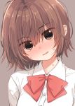  1girl blush bow brown_eyes brown_hair commentary head_tilt highres looking_at_viewer matsuda_hikari messy_hair original school_uniform short_hair simple_background solo sweat upper_body 