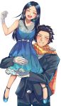  1boy 1girl alternate_costume araiguma_(gomipanda123) arm_around_shoulder asirpa bangs belt black_hair blue_dress blue_footwear blush cowboy_shot dress earrings eyes_closed facial_scar formal frilled_dress frills gloves golden_kamuy grin highres hoop_earrings jacket jewelry lifting_person long_hair long_sleeves looking_at_viewer open_mouth pants parted_bangs scar scarf shoes short_hair simple_background sleeveless sleeveless_dress smile spiked_hair straight_hair sugimoto_saichi suit white_background white_gloves 