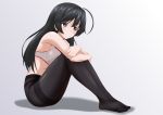  1girl ahoge bangs black_eyes black_hair black_legwear blush bra closed_mouth commentary eyebrows_visible_through_hair flatfield frilled_bra frilled_panties frills from_side girls_und_panzer gradient gradient_background grey_background highres isuzu_hana leg_hug light_smile long_hair looking_at_viewer panties panties_under_pantyhose pantyhose shadow sitting solo thighband_pantyhose underwear underwear_only white_bra 